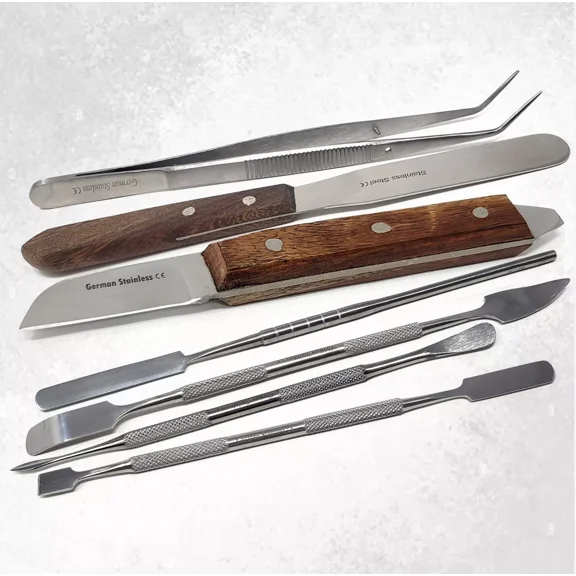 7 Pcs Lab Work Tools Double Ended Spatulas With Tweezers & Wooden Handle Carver Wax Modeling Mixing Spatulas