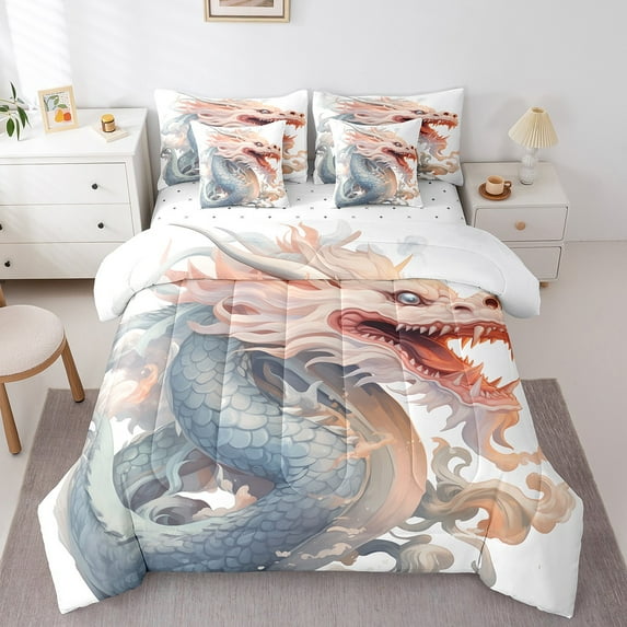 7 Pcs Magical Dragon Bed in a Bag Twin Comforter Set,Mysterious Ancient Animal Sheet Set,Horror Gothic Bedding with Comforter,Vintage Chinese Dragon Scales Quilt Cover