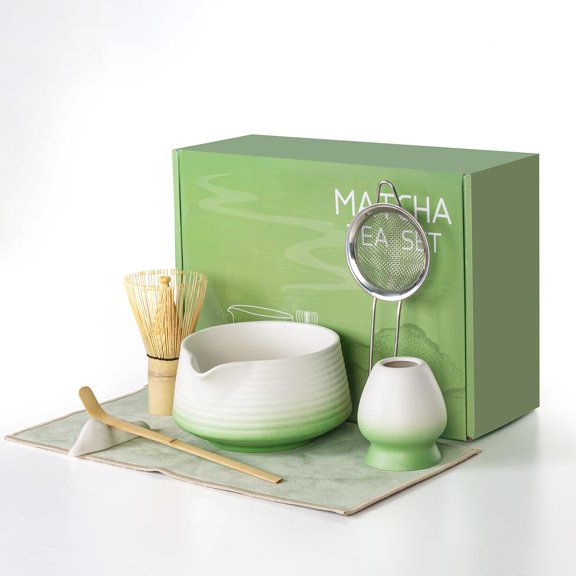 7 Pcs Matcha Whisk Set, Complete Japanese Tea Ceremony Kit with Ceramic Bowl & Bamboo Whisk, Traditional Starter Set for Beginners and Matcha Lovers