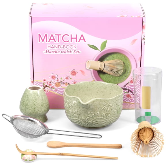 7 Pcs Matcha Whisk Set for Beginners Elegant Bamboo Japanese Matcha Tea Making Kit with Whisk Holder Ceramic Bowl for Tea Lovers