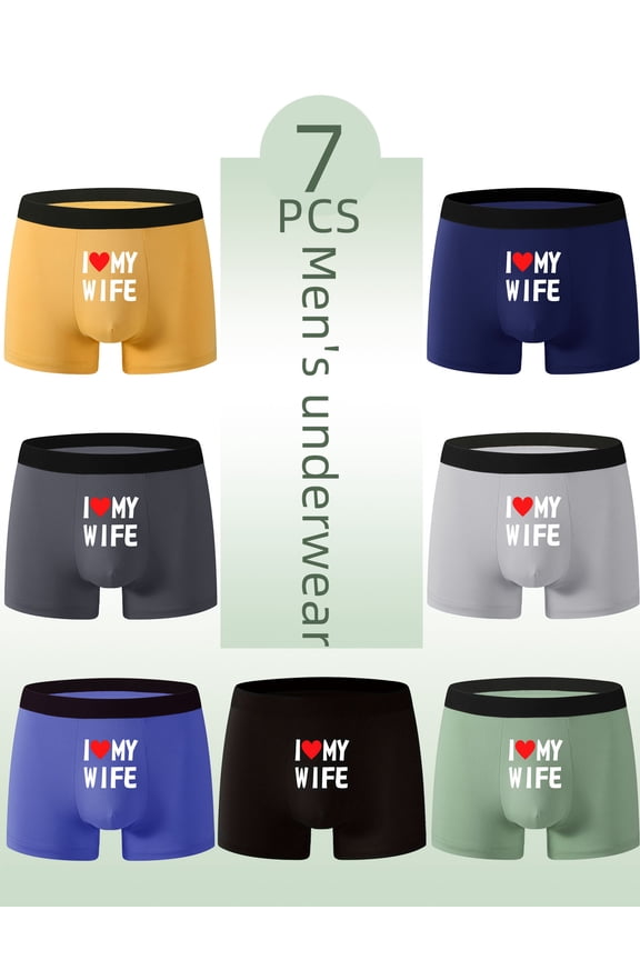 7 Pcs Men's Boxer Set, "I ️ MY WIFE" Fun Print Shows Personality, Breathable & Skin-Friendly Material, Snug Fit Like Tailored