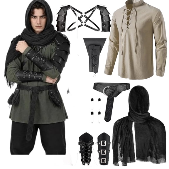 7 Pcs Men's Renaissance Costume Set Medieval Pirate Shirt Viking Shawl Belt Shoulder Armor Sword Bag Cosplay Beige L