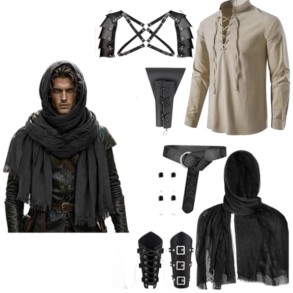7 Pcs Men's Renaissance Costume Set Medieval Pirate Shirt Viking Shawl Belt Shoulder Armor Sword Bag Cosplay Beige M