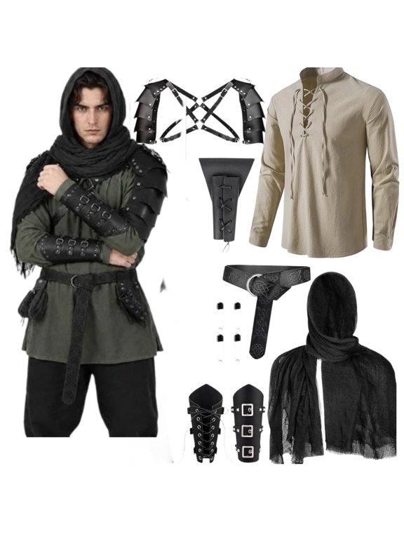 7 Pcs Men's Renaissance Costume Set Medieval Pirate Shirt Viking Shawl Belt Shoulder Armor Sword Bag Cosplay Beige S