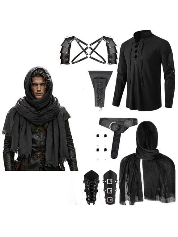 7 Pcs Men's Renaissance Costume Set Medieval Pirate Shirt Viking Shawl Belt Shoulder Armor Sword Bag Cosplay Black S