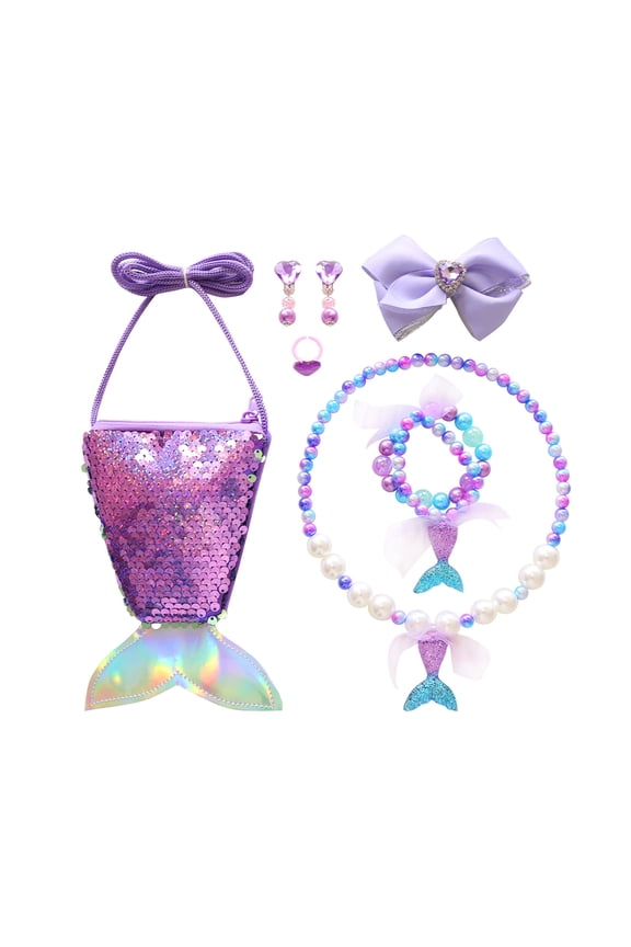 7 Pcs Mermaid Purse for Girls, Dress Up Jewelry Pretend Play Kids Accessories, 3-8 Years Old Girl Mermaid Gifts