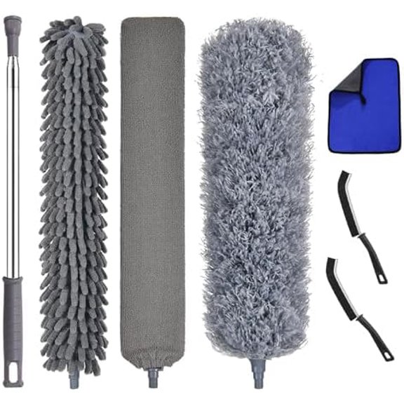 7 Pcs Microfiber Feather Duster with 100-inch Telescopic Extendable Pole, Washable and Reusable Cobweb Duster Kit, Dusters for Cleaning High Ceiling,Fan,Furniture,Blinds
