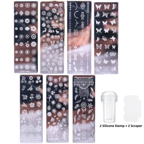 7 Pcs Nail Art Stamping Plates, Jademall Nail Stamping Plates with 2 Silicone Stamp + 2 Scraper, Flower/Snowflake/Geometric Triangle/Butterfly/Rose/Dandelion/Dreamcatcher