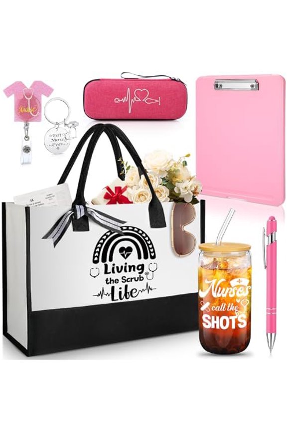7 Pcs Nurse Gifts for Women Christmas Set Rn Appreciation Set Nurses Week Nurses Xmas Gift Include Tote Bag Stethoscope Case Ballpoint Pen Badge Reel Clipboard Keychain(Pink,Cute Style)