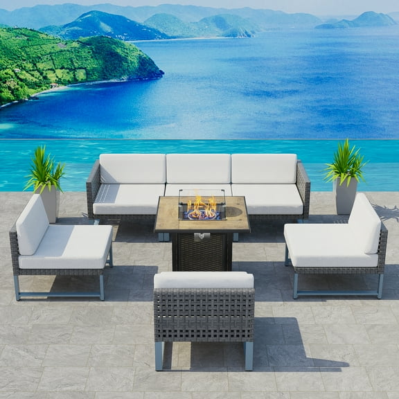 7 Pcs Outdoor Furniture Set with Square Propane Fire Pit Table (Black Wicker)