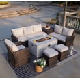 thumbnail image 1 of 7 Pcs PE Rattan Large Outdoor Patio Furniture Set with Fire Pit Table Modern Brown Conversation Sofa Set, 1 of 9