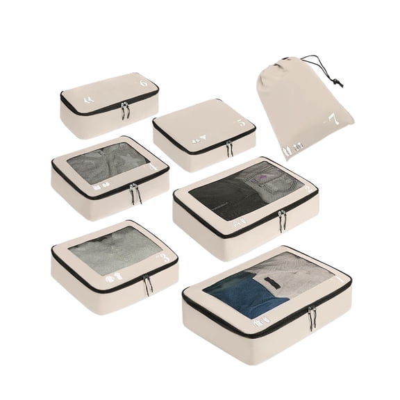 7 Pcs Packing Cubes for Travel Organizer Tear-Resistant with Number Icon Handle Storage Bags for Carry on Bag for Clothes Shoes, Beige