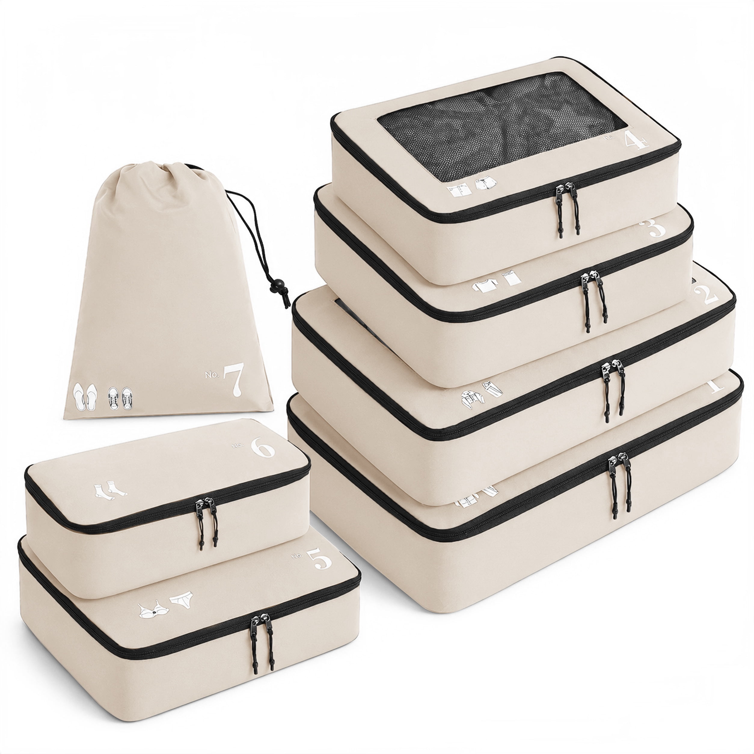 7 Pcs Packing Cubes for Travel Organizer Tear-Resistant with Number Icon Handle Storage Bags for Carry on Bag for Clothes Shoes, Beige