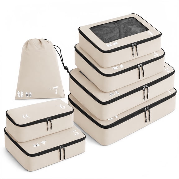 7 Pcs Packing Cubes for Travel Organizer Tear-Resistant with Number Icon Handle Storage Bags for Carry on Bag for Clothes Shoes, Beige