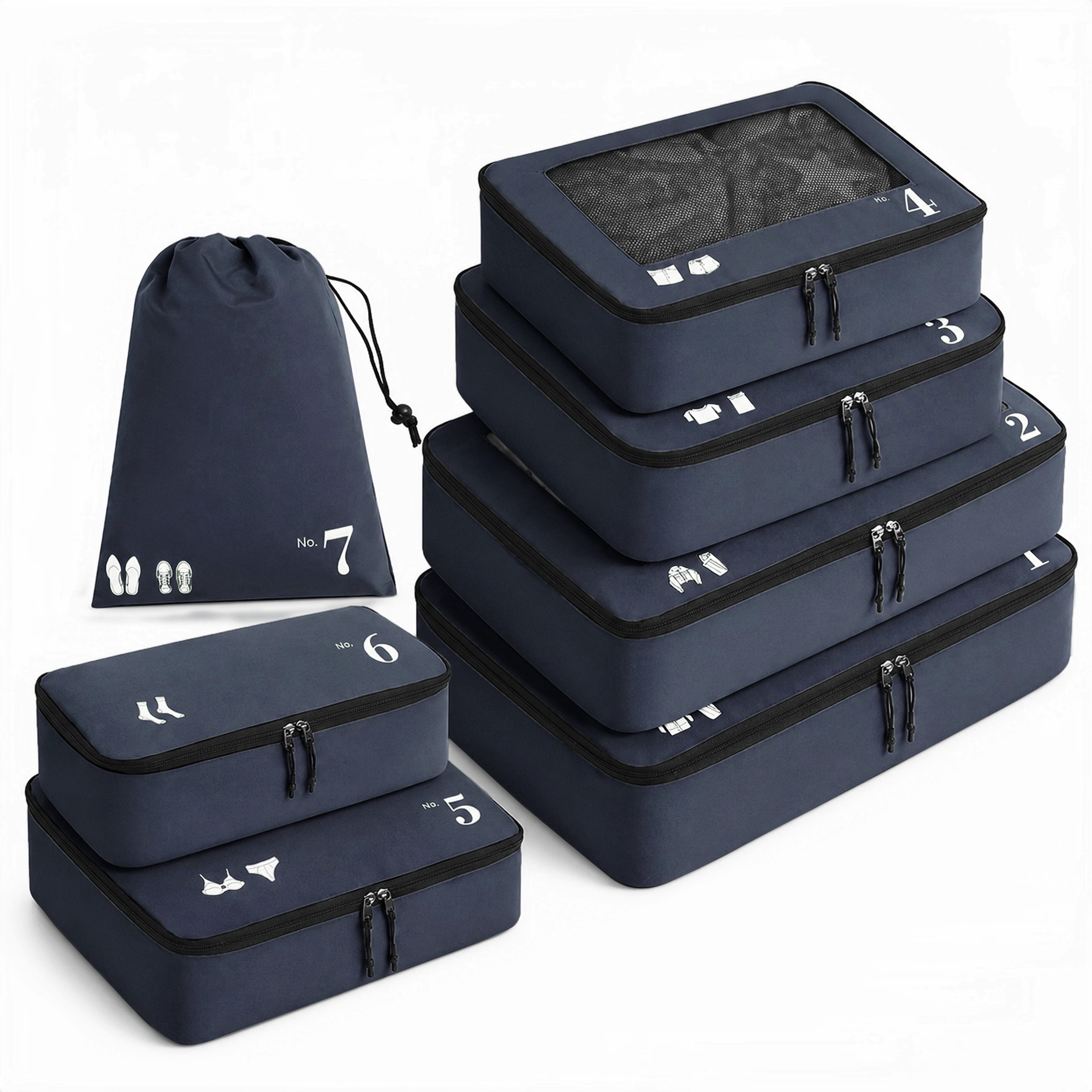 7 Pcs Packing Cubes for Travel Organizer Tear-Resistant with Number Icon Handle Storage Bags for Carry on Bag for Clothes Shoes, Dark Blue