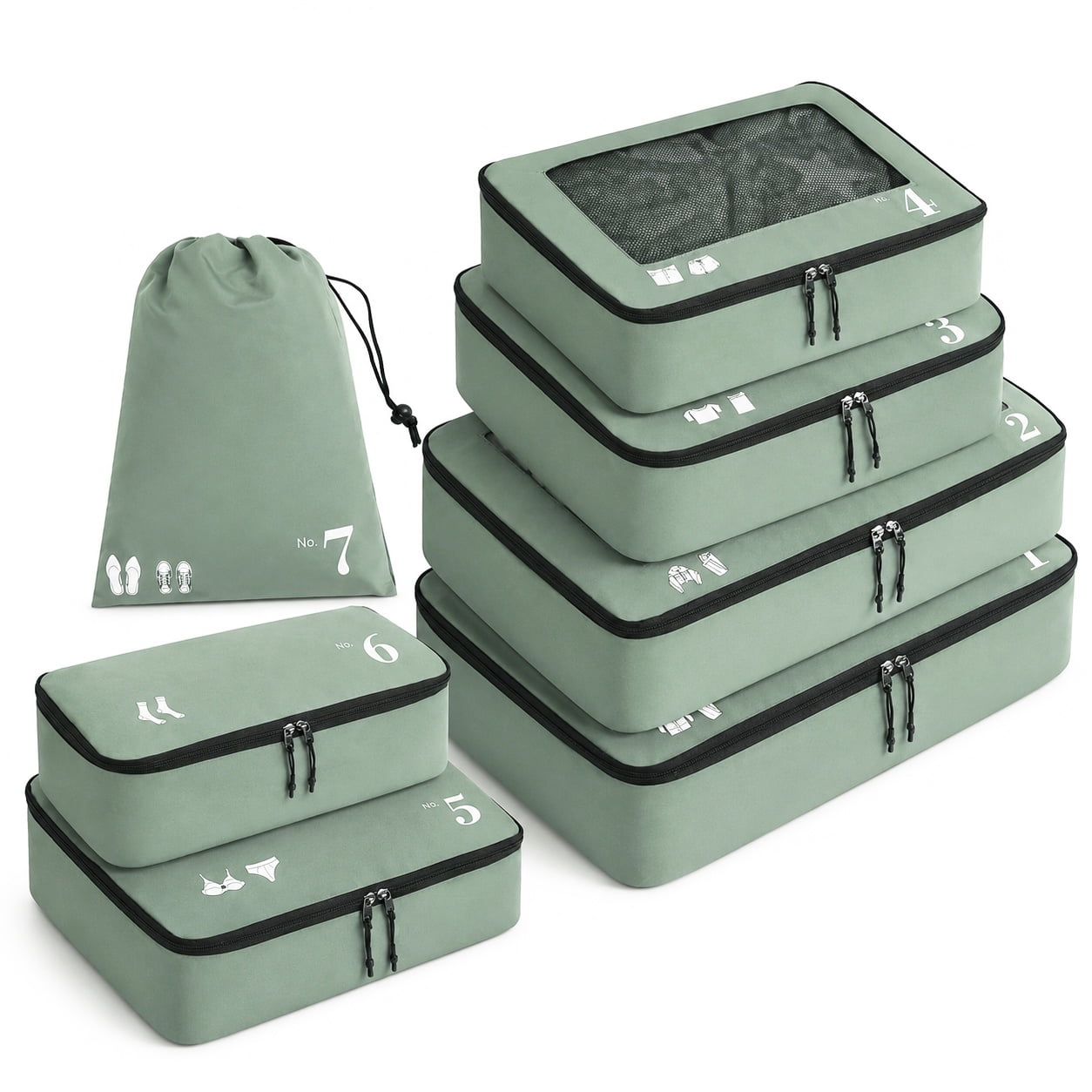 7 Pcs Packing Cubes for Travel Organizer Tear-Resistant with Number Icon Handle Storage Bags for Carry on Bag for Clothes Shoes, Green