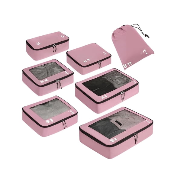 7 Pcs Packing Cubes for Travel Organizer Tear-Resistant with Number Icon Handle Storage Bags for Carry on Bag for Clothes Shoes, Pink