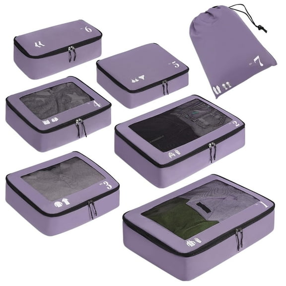 7 Pcs Packing Cubes for Travel Organizer Tear-Resistant with Number Icon Handle Storage Bags for Carry on Bag for Clothes Shoes, Purple