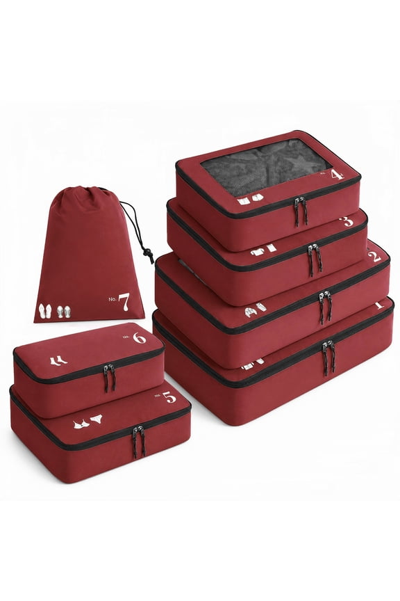 7 Pcs Packing Cubes for Travel Organizer Tear-Resistant with Number Icon Handle Storage Bags for Carry on Bag for Clothes Shoes, Red