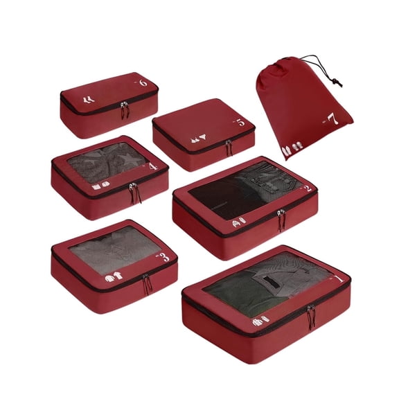 7 Pcs Packing Cubes for Travel Organizer Tear-Resistant with Number Icon Handle Storage Bags for Carry on Bag for Clothes Shoes, Red