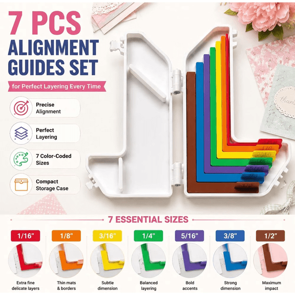 7 Pcs Paper Crafting Alignment Guides with Storage Case Precision Layering Marking & Tracing Tools Spacers for Card Making and Scrapbooking Color-Coded Tools with Size Tabs Increments