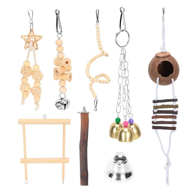 7 Pcs Parakeet Toy Coconut Shell House Swing Bell String of Wooden