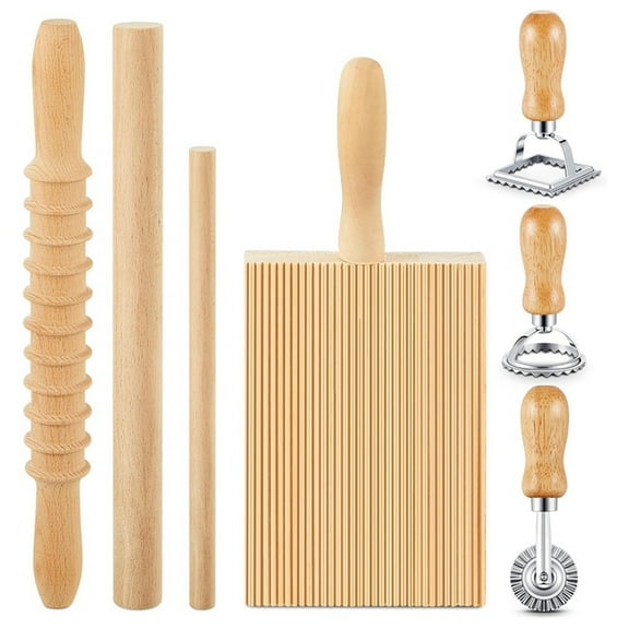 7 Pcs Pasta Making Tool, Wood Gnocchi Board with Ravioli Stamp and Rolling Pin Set, Maker for Homemade