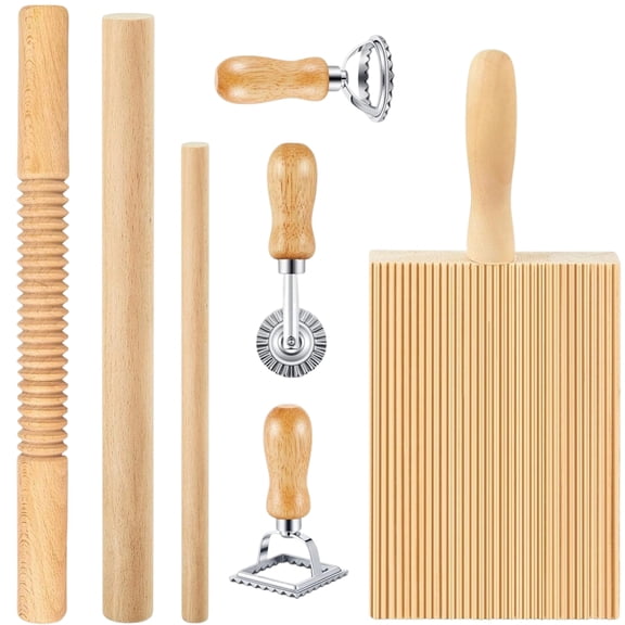 7 Pcs Pasta Making Tools Kit, Wooden Threaded Rolling Pin, Rolling Pin With Scales, Gnocchi Board, Dough Scraper, Dumpling Maker, Ravioli Stamp Maker Cutter For Pasta Maker