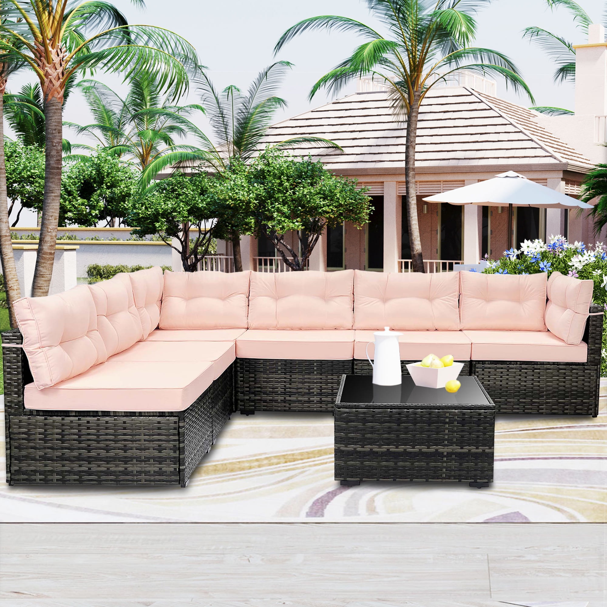 7 Pcs Patio Sofa Couch Sets, Brown Rattan Outdoor Sectional Furniture