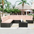 thumbnail image 1 of 7 Pcs Patio Sofa Couch Sets, Brown Rattan Outdoor Sectional Furniture with Beige Cushions and Coffee Table, Patio Seating Sets for Garden Deck Backyard, 1 of 10