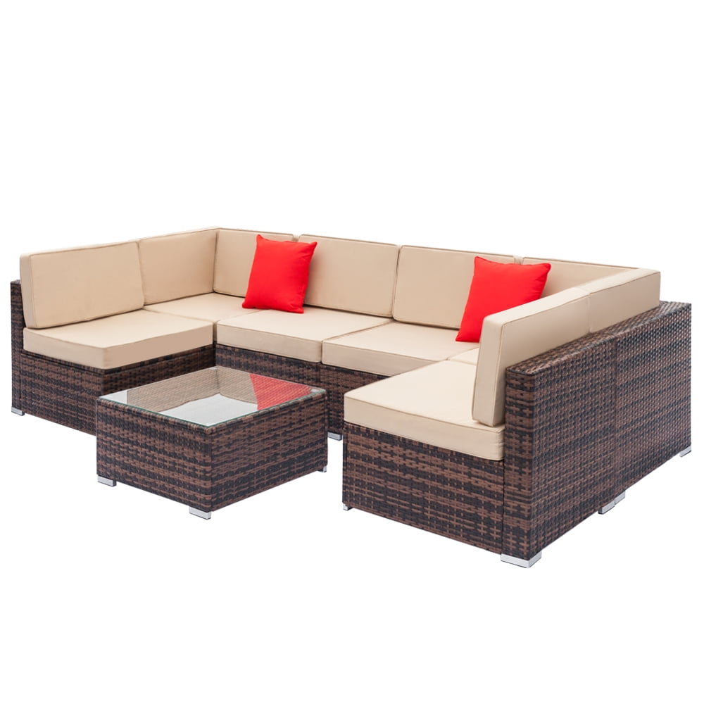 7 Pcs Patio Sofa Couch Sets, Brown Rattan Outdoor Sectional Furniture