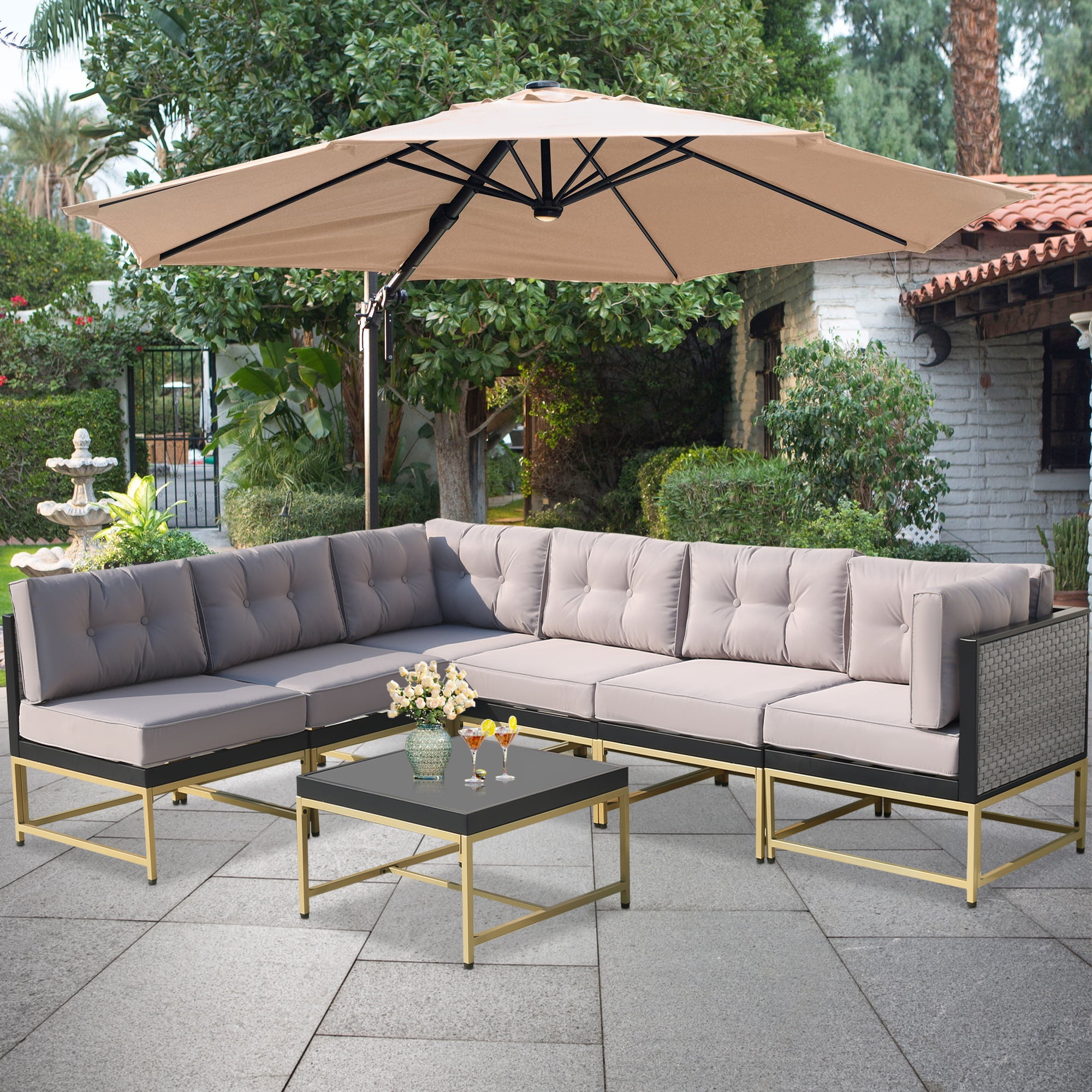 SESSLIFE 7-Pcs Rattan Patio Sofa Set with Cushions and Coffee Table ...