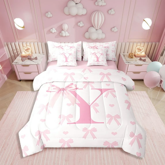 7 Pcs Pink Bow Comforter Set,Princess Style Bowknot Love Hearts Girly Fairy Bedding Set,Initial Letter Y Chic Romantic Bed Set(Comforter+Fitted+Flat Sheet+Pillowcases+Pillow Covers),Twin