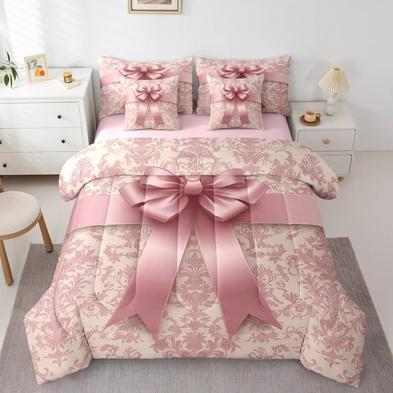 7 Pcs Pink Bowknot Bed in a Bag King,Vintage Damask Comforter Set Gifts Women Wedding,Antique Victorian Baroque Bedding with Comforter,Girly Princess Dreamy Quilt Cover