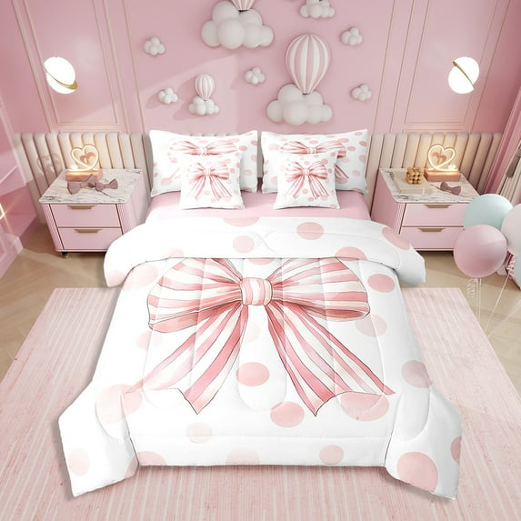 7 Pcs Pink Bowknot Comforter Queen,Bow Tie Butterfly Knot Princess Women Bedding Set,Geometric Dots Stripes Girly Romantic(Comforter+Fitted+Flat+2 Pillowcases+2 Throw Pillow Covers)