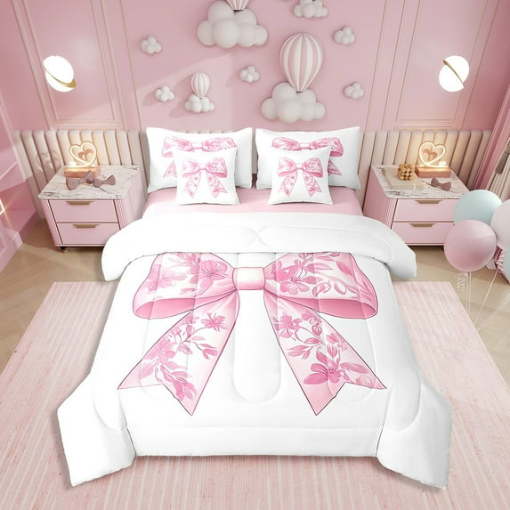 7 Pcs Pink Bowknot Comforter Twin,Flowers Bow Tie Butterfly Knot Girly Women Bedding Set,Princess Romantic White Simple(Comforter+Fitted+Flat+2 Pillowcases+2 Throw Pillow Covers)