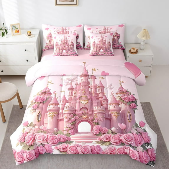 7 Pcs Pink Castle Print Bed in a Bag, Cute Cartoon Castle Decor Bedding Queen Size Princess Themed Decor Bedding Set with Comforter Romantic Themed Bed Set, Rustic Flowers Sheet Set