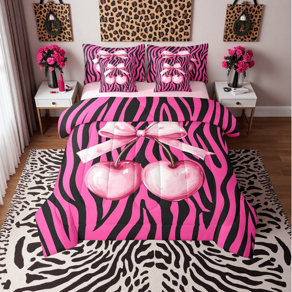 7 Pcs Pink Cherry Bowknot Comforter Full,Zebra Stripe Geometric Patchwork Women Bedding Set,Bow Tie Princess Girly Bright(Comforter+Fitted+Flat+2 Pillowcases+2 Throw Pillow Covers)