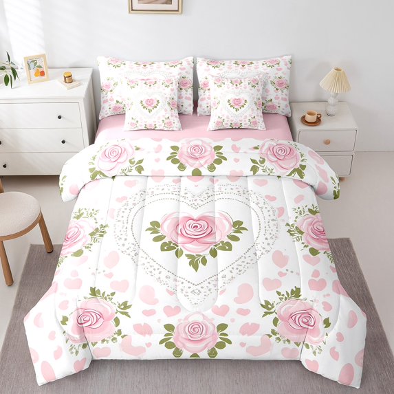 7 Pcs Pink Roses Comforter Set,Romantic Flowers Love Hearts Bedding Set,Watercolor Floral Valentine's Day Lovers Bed Set(Comforter+Fitted+Flat Sheet+Pillowcases+Pillow Covers),Twin