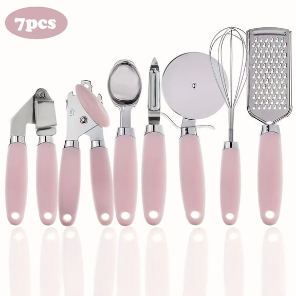 7 Pcs Pink Stainless Steel Kitchen Utensils Set,Include Garlic Press Can Opener Ice Cream Scoop Whisk Grater Peeler and Pizza Cutter,Cooking Tools with Comfort Grip for Home Cooks Gifts
