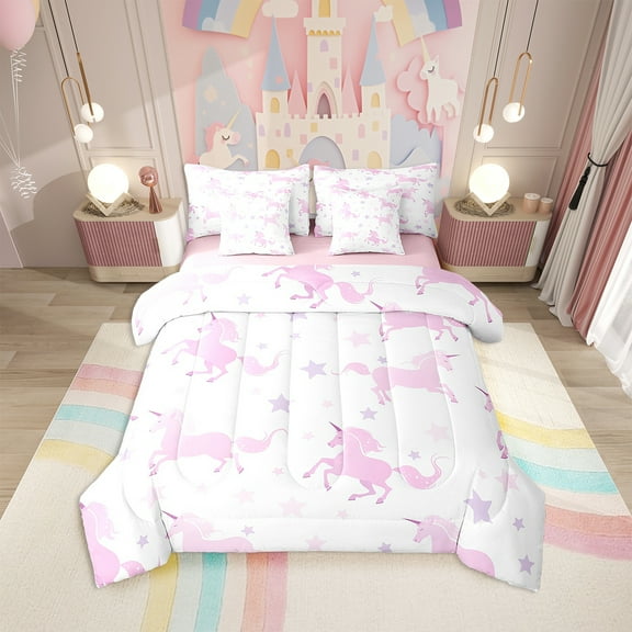 7 Pcs Pink Unicorn Comforter Set Full Size,Horse Bed In A Bag with Flat Sheet and Fitted Sheet,Cute Stars Print Bedding Set with Pillowcase and Sham