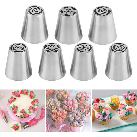 7 Pcs Piping Tips Round Hole Cake Frosting Nozzles Set Stainless Steel Cupcake Decorating Tool Russian Pastry Icing Dispensers for Baking Cookies Puff Cream Bag Filler