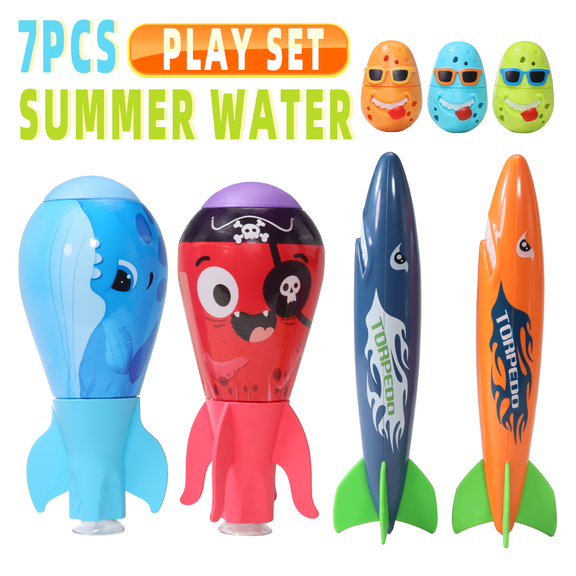 7 Pcs Pool Torpedo Toys Set, Summer Water Rockets with Sucker Animal Pool Diving Toys, Swimming Pool Accessories for Kids Adults, Pool Party Favors & Bath Games