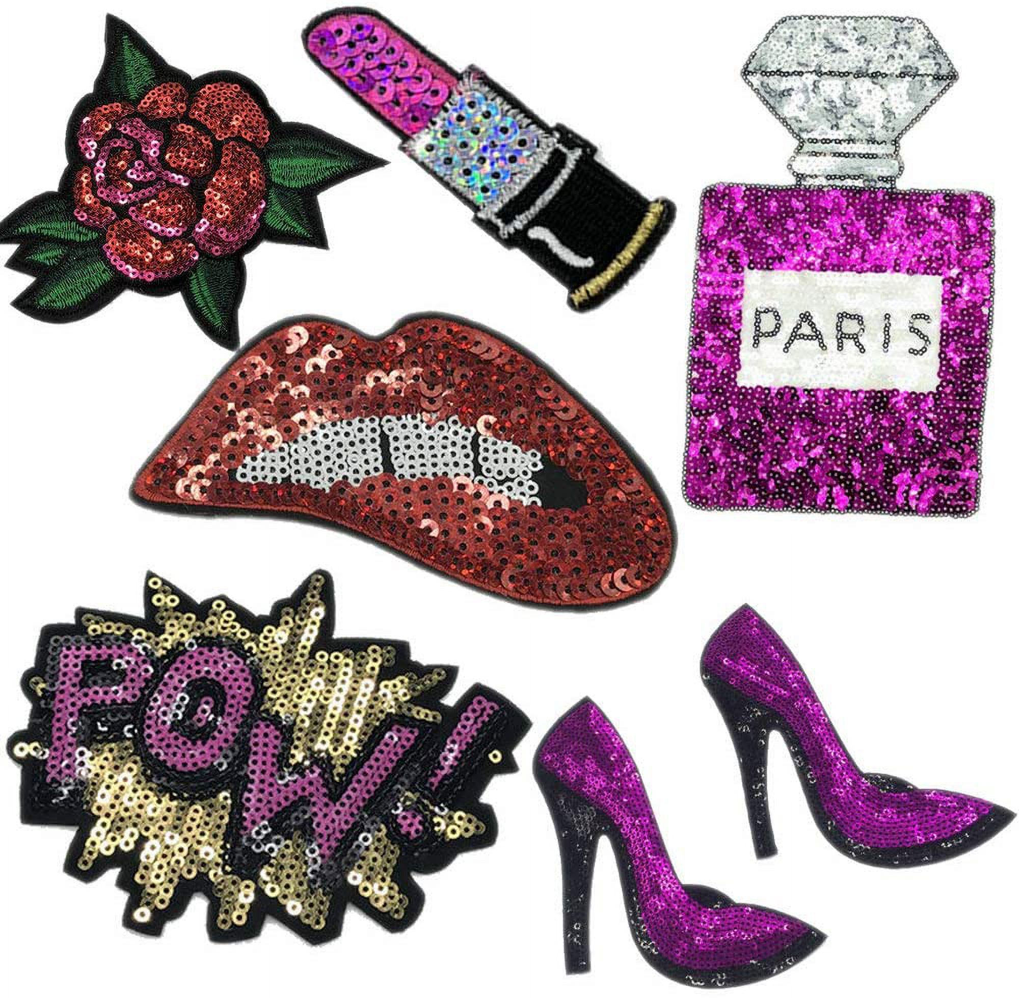 7 Pcs Purple Blue Embroidered Patches Lip/Lipstick Iron On Patch Sewing On Sequins DIY Clothes Applique Garment Motif Woman Girl Brand Patch (Purple)
