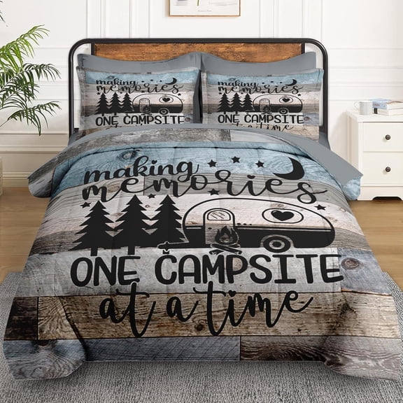 7 Pcs Queen Size Comforter Set with 2 Pillowcases & 2 Shams, Retro Wood Camp Camper Bedding Set for Kids and Adults