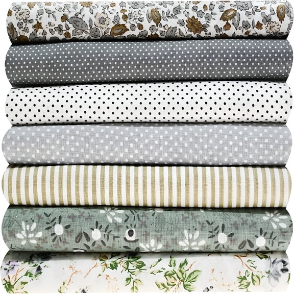 7 Pcs Quilting Fabric Bundles, 100% Cotton Fat Quarters 20x20 Inches, Pre Cut Grey Craft Squares for Patchwork, Sewing, and DIY