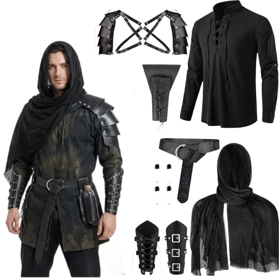 7 Pcs Renaissance Costume Accessories Men - Leather Armor Pauldron & Shoulder Cape Set,Bracers for Knight & Assassin Black S