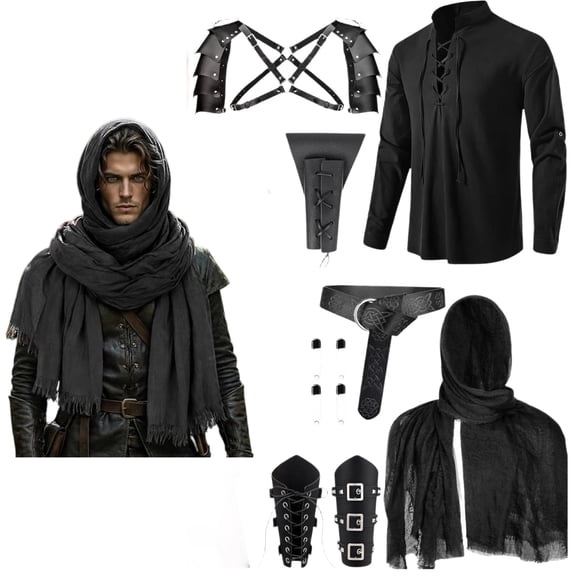 7 Pcs Renaissance Costume Accessories Men - Leather Armor Pauldron & Shoulder Cape Set,Bracers for Knight & Assassin Black XL