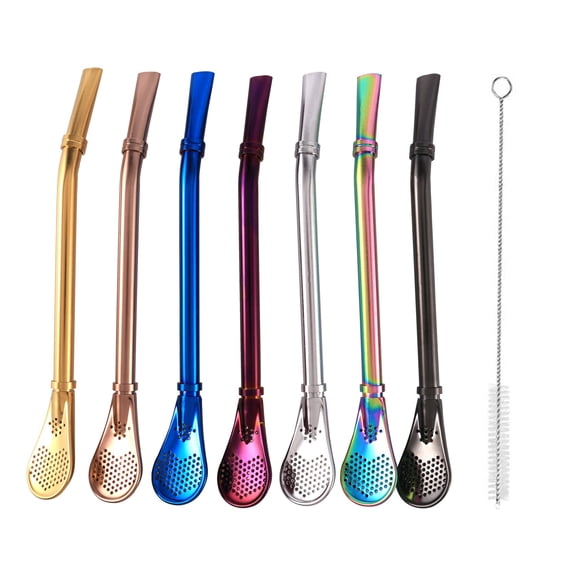 7 Pcs Reusable Steel Drinking Straws with Filter Spoon for Yerba Mate Bombilla, Stirring Set Cleaning Brush