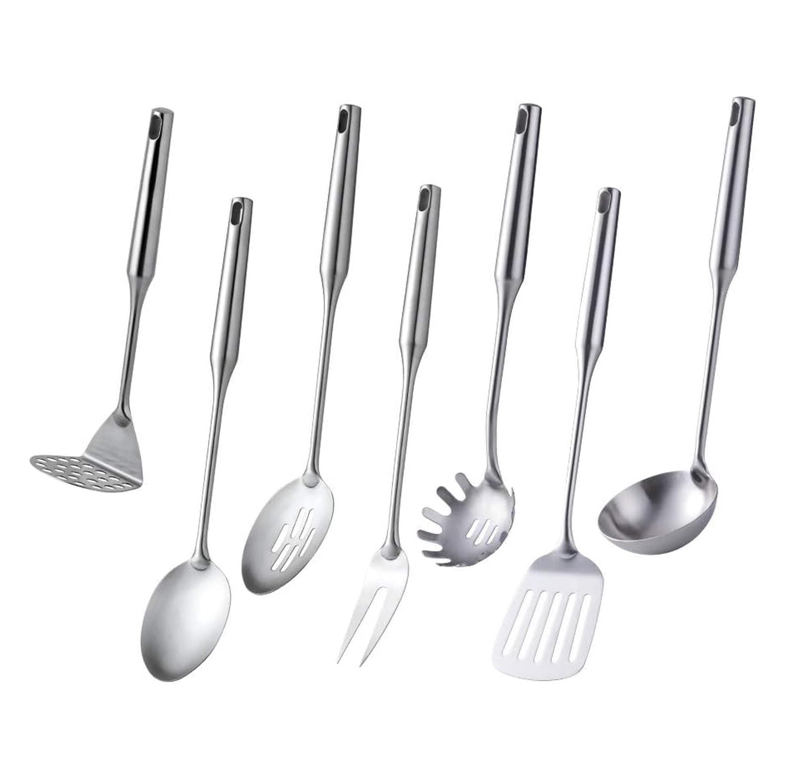 7 Pcs Round Handle Cooking Utensil Set, 304 Stainless Steel Silver ...